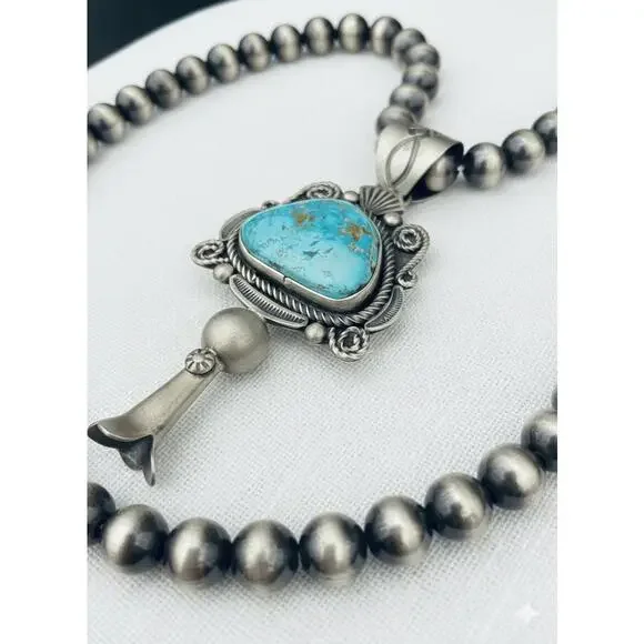 Navajo Ronald Tom Kingman Turquoise Blossom Sterling Silver Pendant - Picture 2 of 4